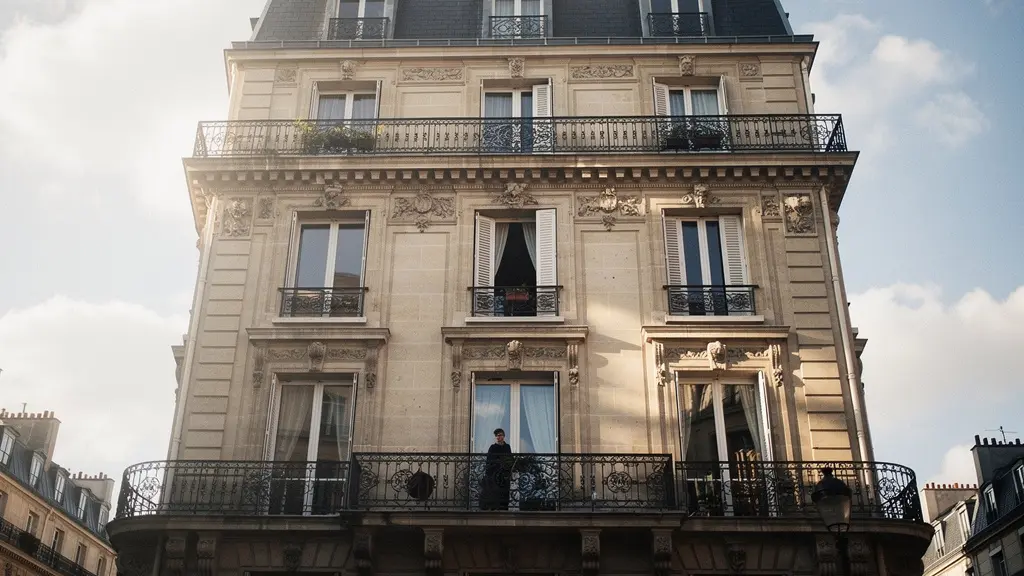 Façade haussmannienne parisienne en contre-plongée montrant les différents niveaux d'habitation
