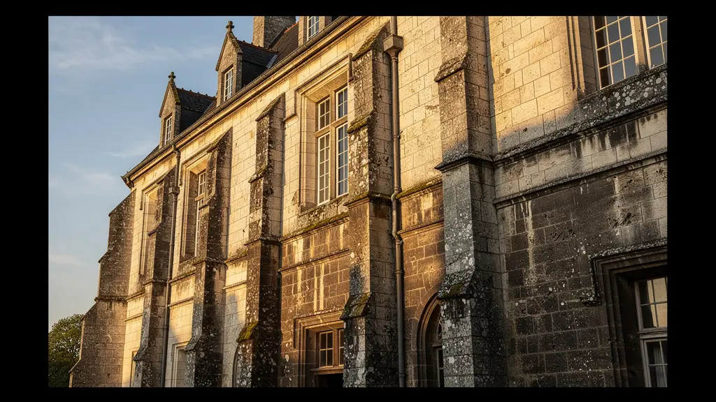 Vue détaillée d'une façade ancienne en pierre avec différentes époques de construction visibles