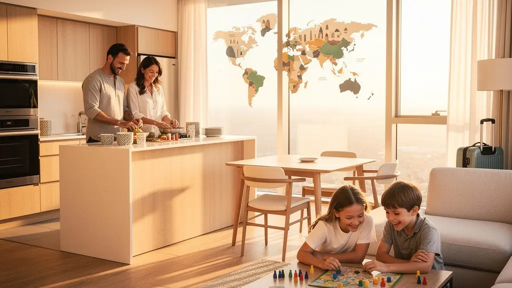 Famille souriante de quatre personnes dans un appartement spacieux avec cuisine moderne et espace de vie lumineux