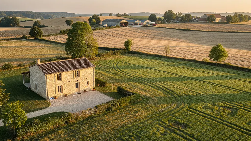 Vue aérienne d'une ferme rénovée dans la campagne française avec des champs environnants et des bâtiments agricoles