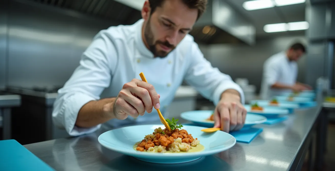 Professional chef preparing separate allergen-free dishes in a commercial kitchen with color-coded equipment