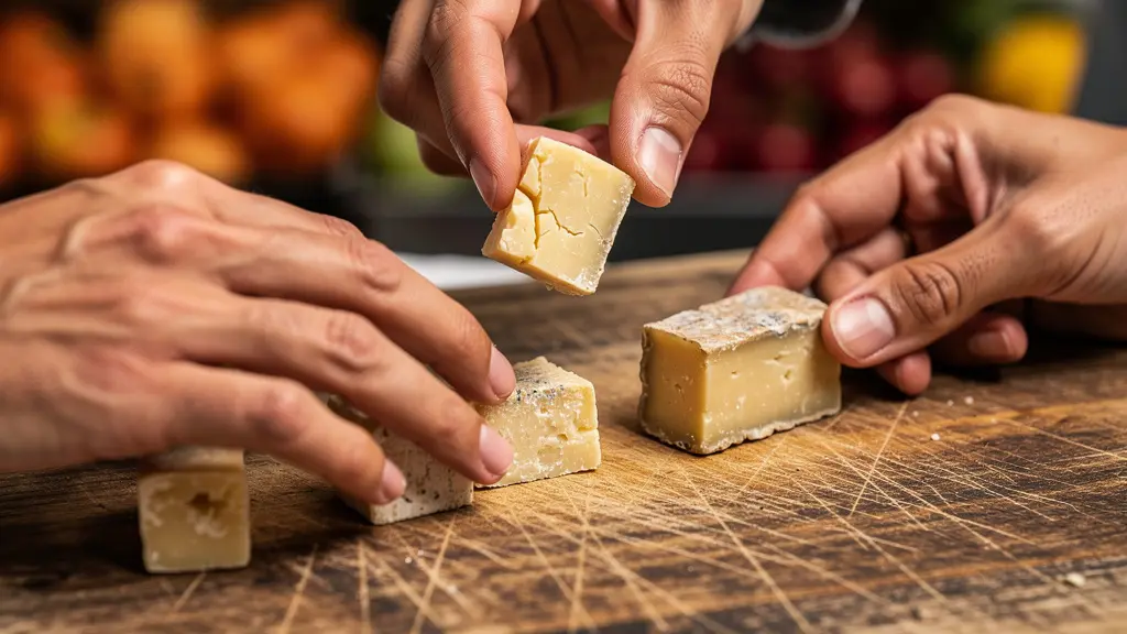 Gros plan sur des mains échangeant des échantillons de fromage sur un marché, texture et authenticité