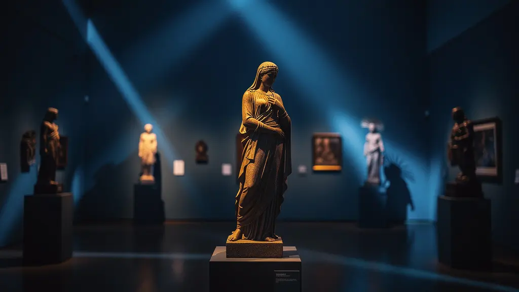 Galerie de musée en nocturne avec éclairage dramatique créant des jeux d'ombres sur les sculptures