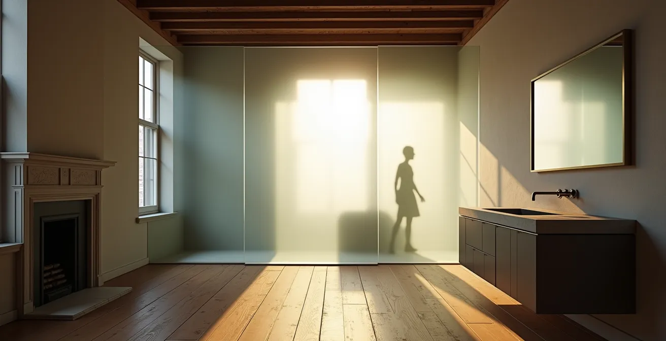 Split view showing a frosted glass bathroom in a UK boutique hotel, illustrating the lack of true privacy.