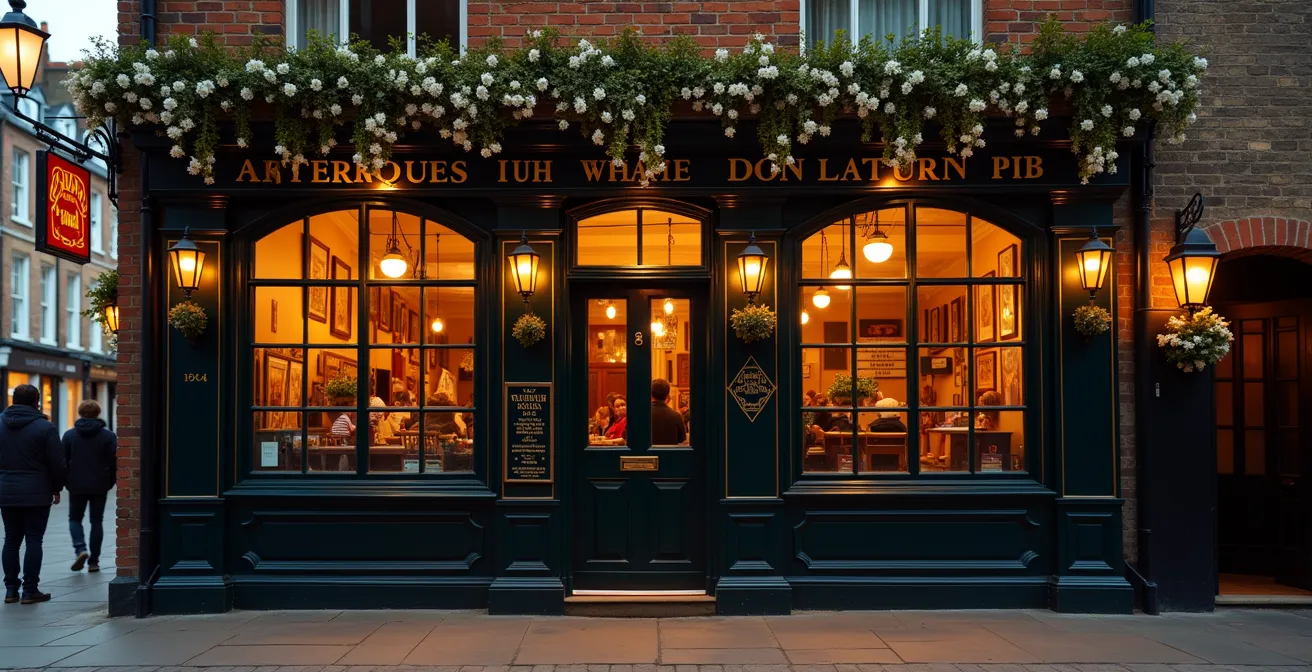 Traditional English pub exterior during golden hour with warm lighting and tour group gathering