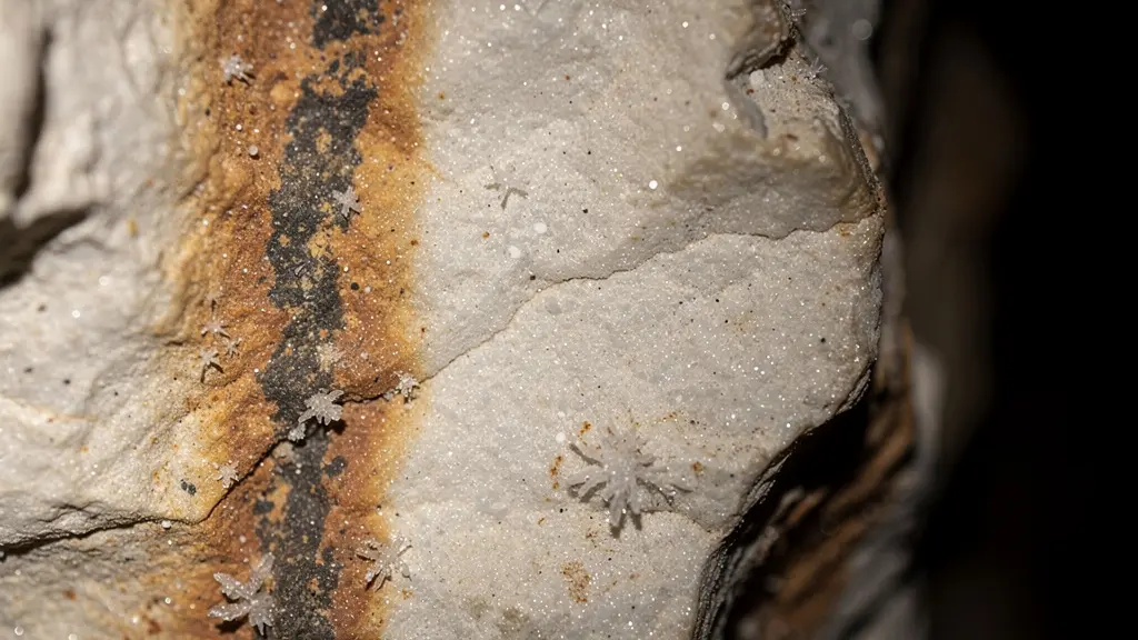 Vue macro de formations calcaires et pigments préhistoriques dans une grotte