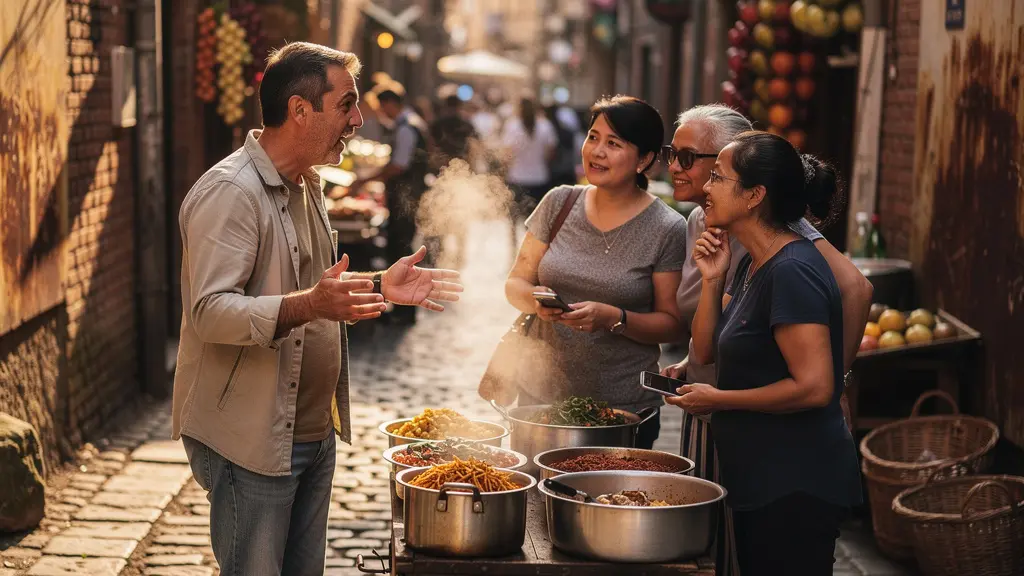 Scène vibrante d'un food tour dans une ruelle animée avec un guide et un petit groupe de touristes dégustant des spécialités locales