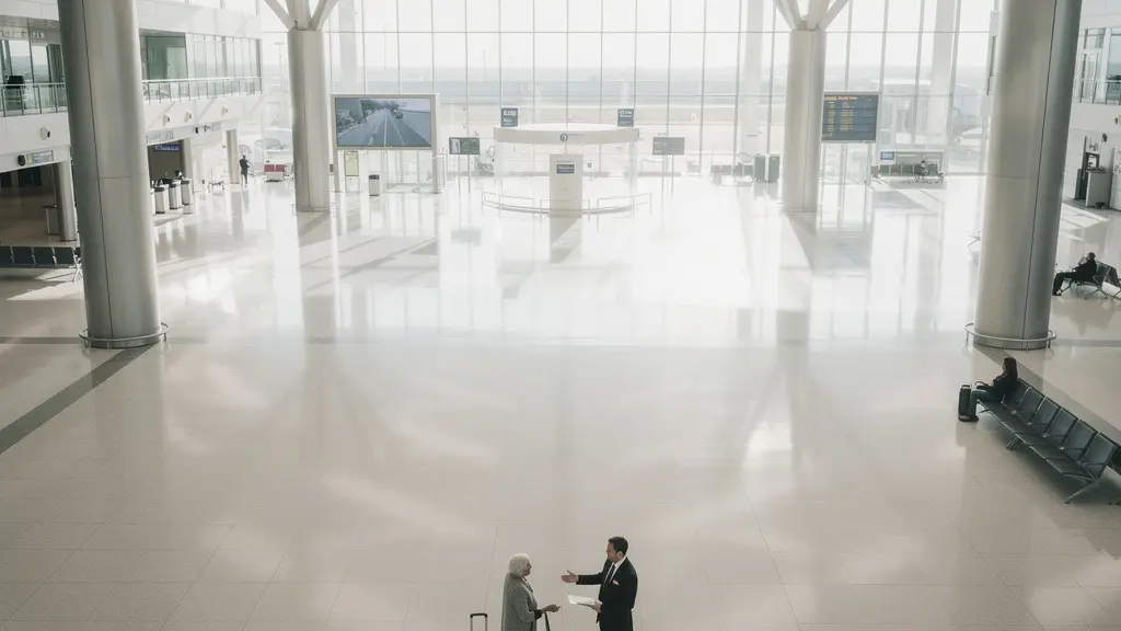 Vue large d'un hall d'aéroport moderne avec voyageur senior accueilli par un chauffeur