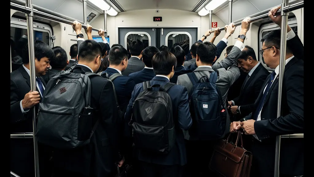 Foule dense dans un wagon de métro bondé vue depuis l'intérieur avec techniques de positionnement corporel