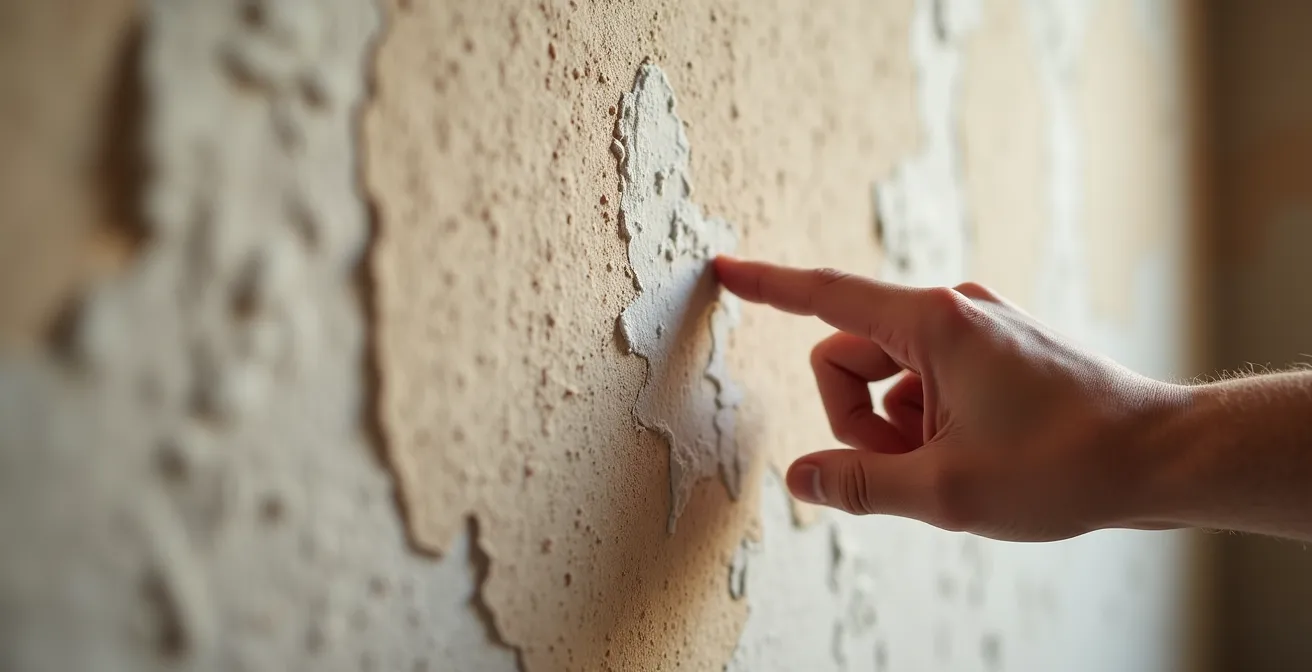 Close-up of historic lime plaster wall showing delicate surface texture and patina