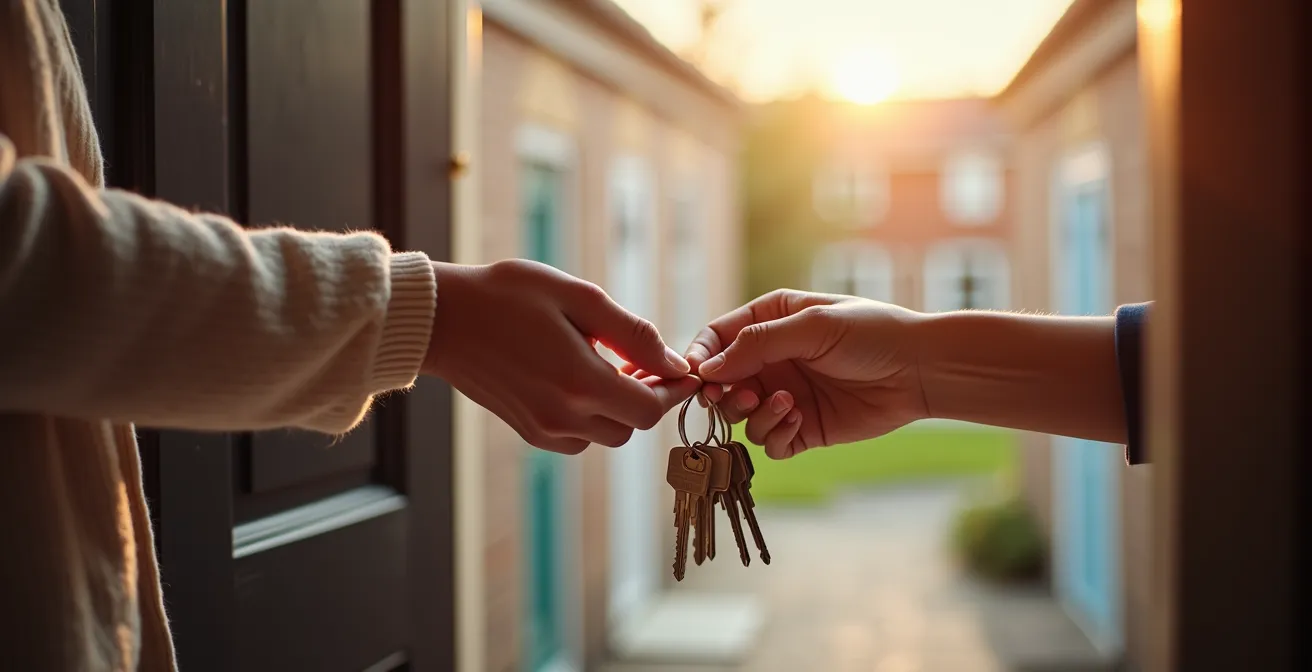 Hands exchanging house keys between neighbours with a warm, trusting atmosphere