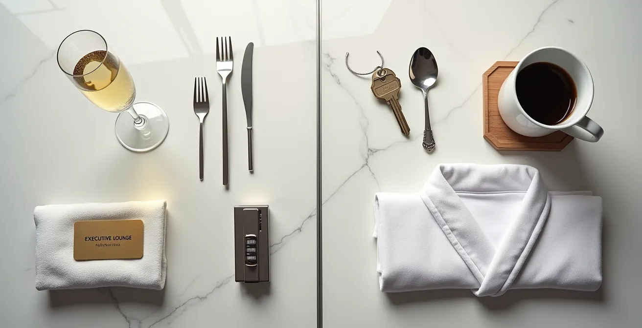 Split composition showing traditional hotel elite benefits versus residence brand amenities