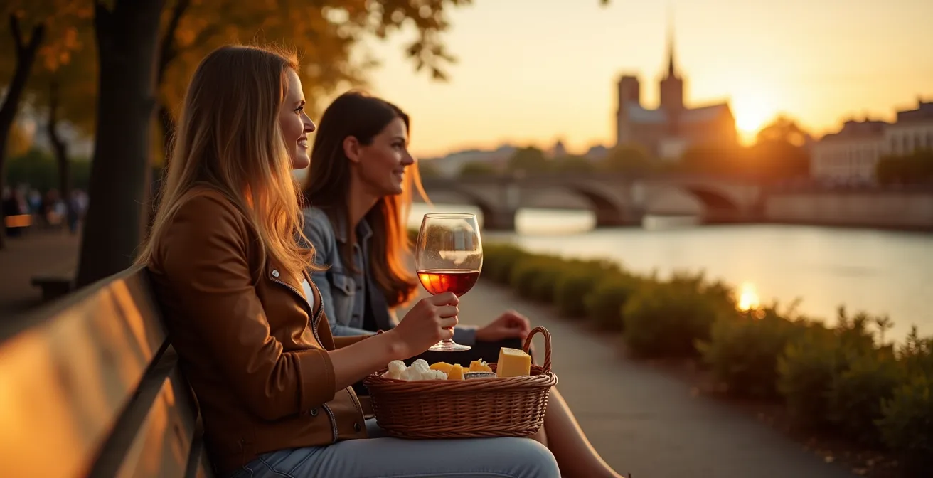Peaceful riverside bench on Île Saint-Louis with French cheese and wine setup