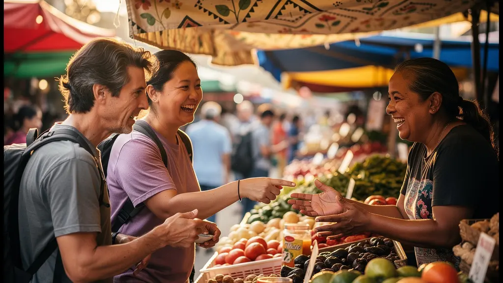 Voyageurs et habitants locaux échangeant avec des gestes et des sourires dans un marché animé