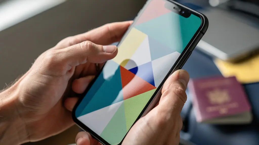 Mains tenant un smartphone avec une interface d'inscription floue dans un contexte de préparation au voyage.
