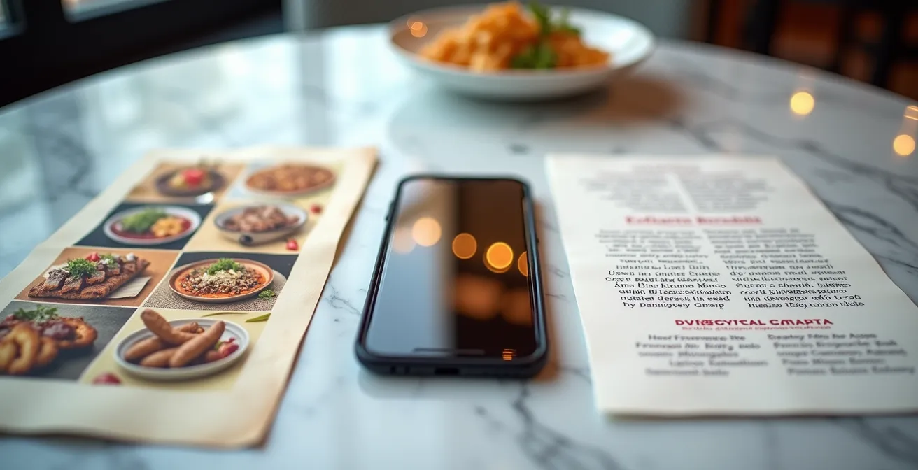 Split composition showing a tacky photo menu versus an elegant handwritten one on a restaurant table.