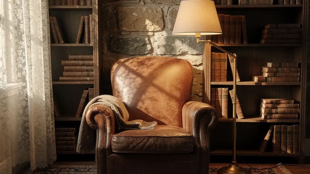 Salon chaleureux avec mobilier chiné et bibliothèque ancienne