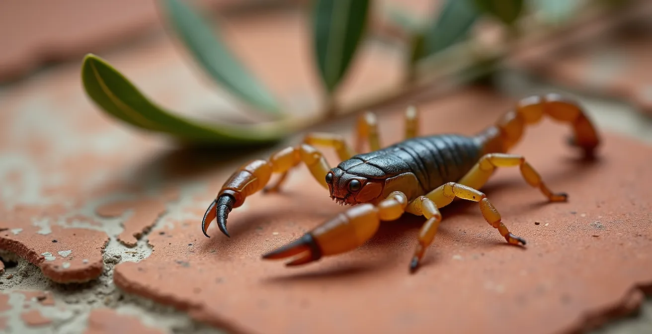 Extreme close-up of small European scorpion on weathered terracotta surface showing non-threatening size