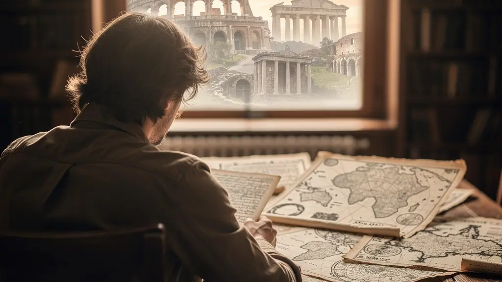 Voyageur contemplant une carte ancienne superposée avec des monuments historiques en transparence