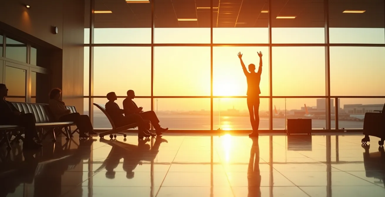 Traveler using light therapy and strategic meal timing for jet lag recovery