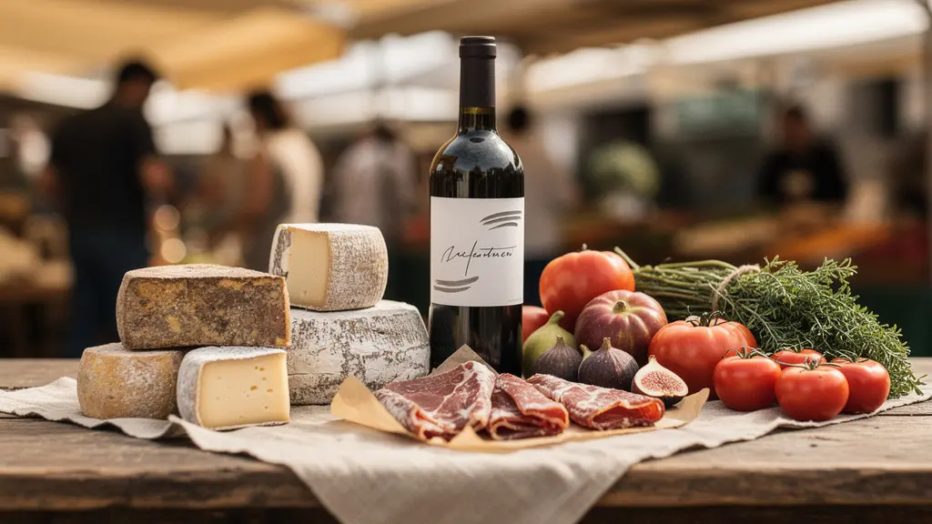 Composition de produits régionaux labellisés avec fromages artisanaux et vins du terroir