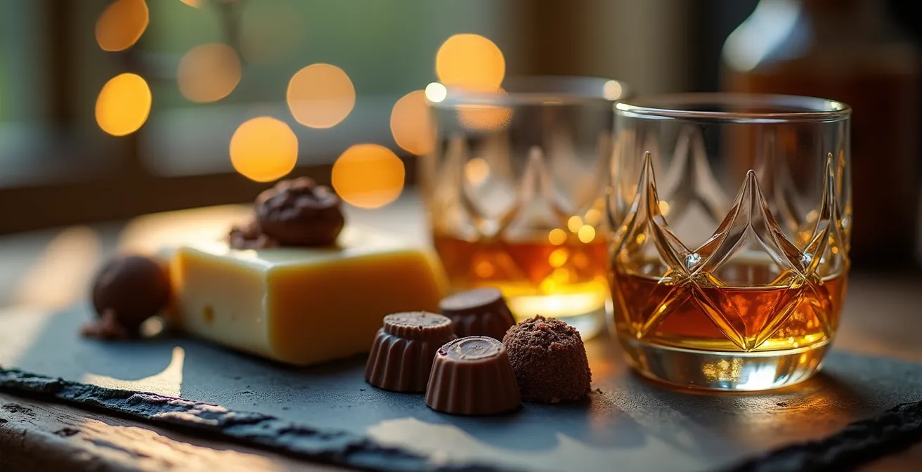 Artisan Cumbrian products arranged elegantly including Lakes Distillery bottles and Grasmere chocolates