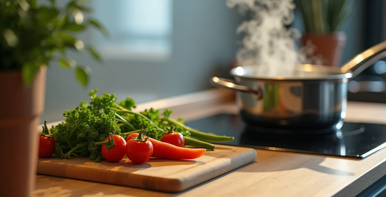 Modern aparthotel kitchenette with fresh vegetables and cooking preparation