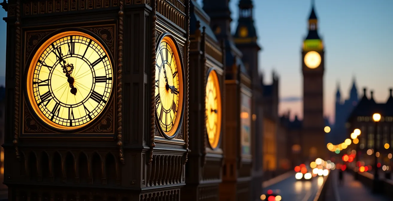 Collage of alternative London clock towers including Liberty department store clock and Shell Mex House timepiece