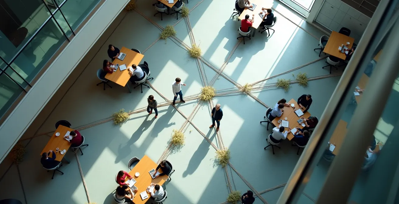 Professionals networking in a modern London co-working space, representing industry connections.