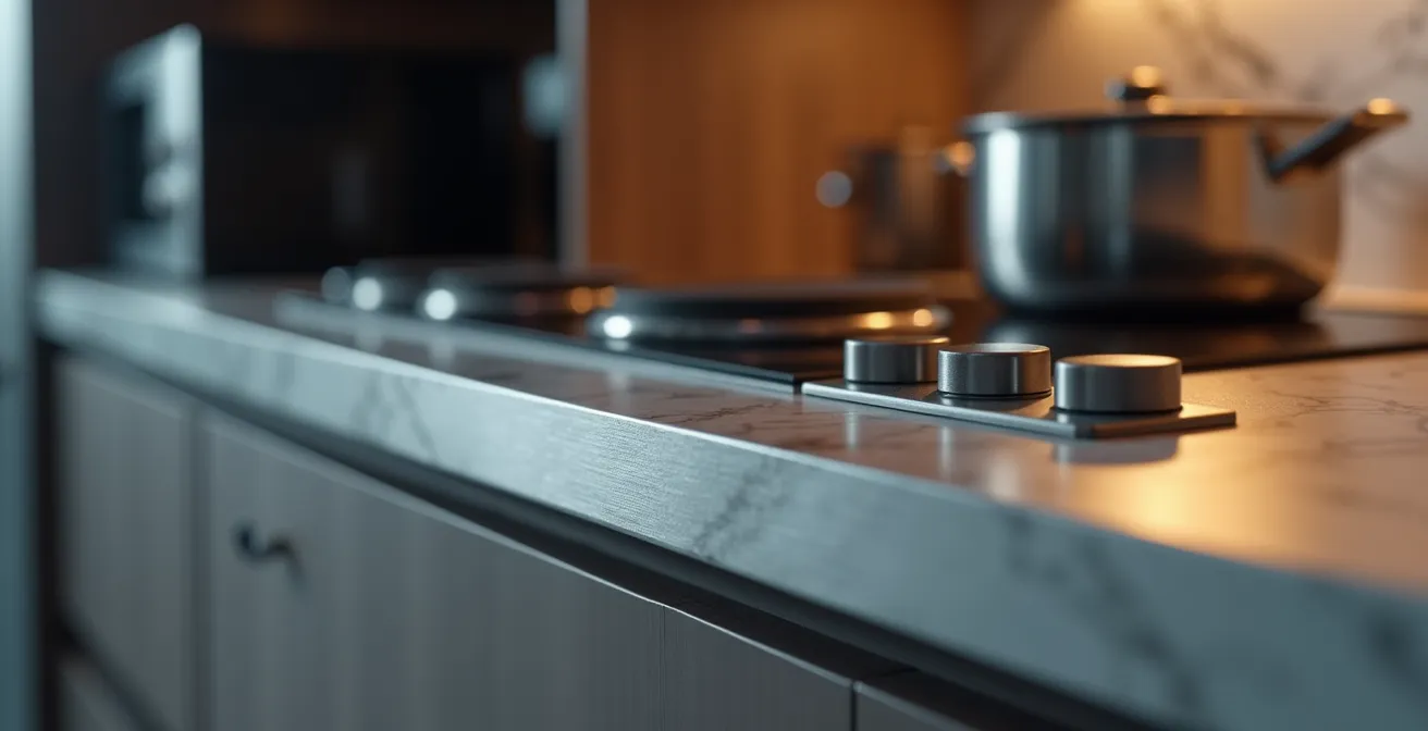 Close-up view of kitchen appliances in a London rental showing hob rings and microwave