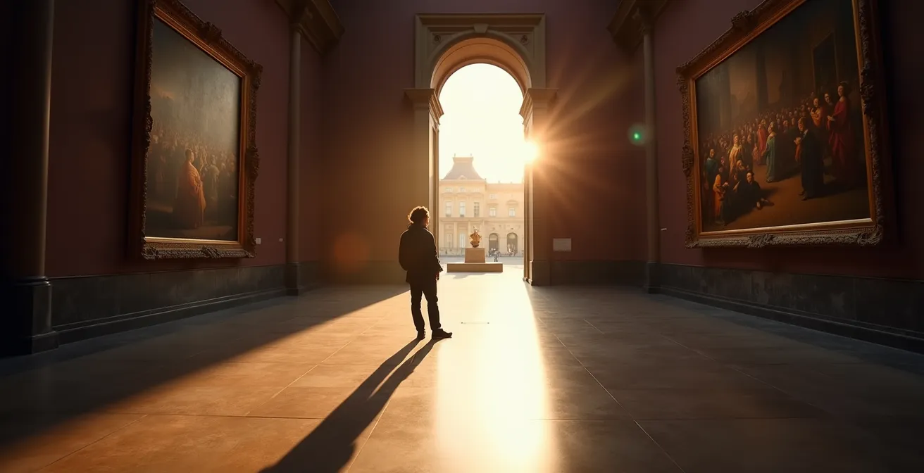 Serene evening atmosphere in Louvre galleries with soft lighting and minimal visitors
