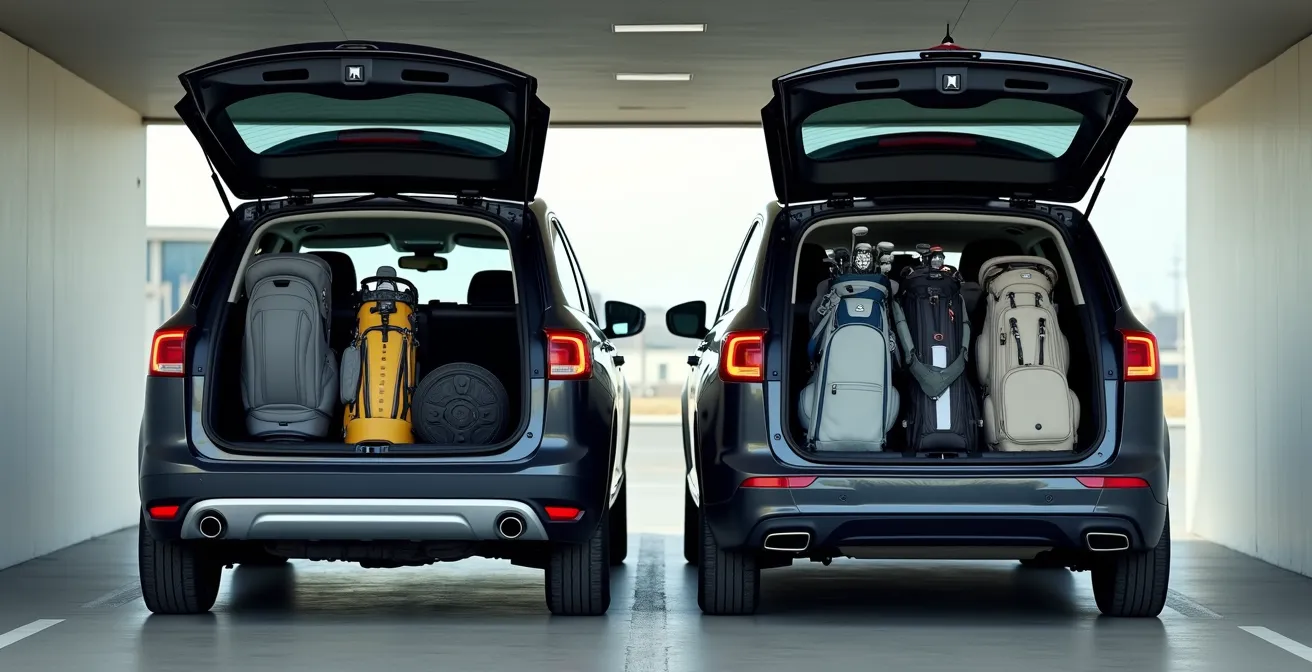Visual comparison showing oversized sports equipment fitting easily into a private transfer minivan but struggling to fit in a standard Uber XL trunk.