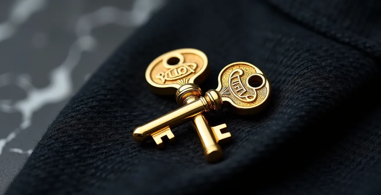 Close-up of Les Clefs d'Or concierge pin on a uniform, symbolising premium service level in a London aparthotel.