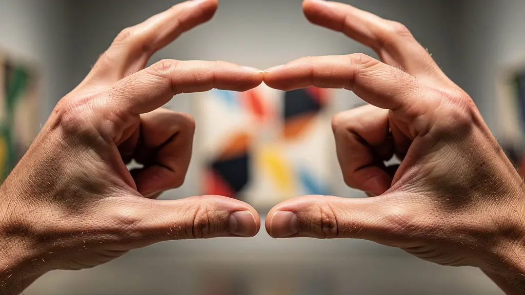 Mains formant un cadre imaginaire pour capturer mentalement une œuvre d'art dans un musée