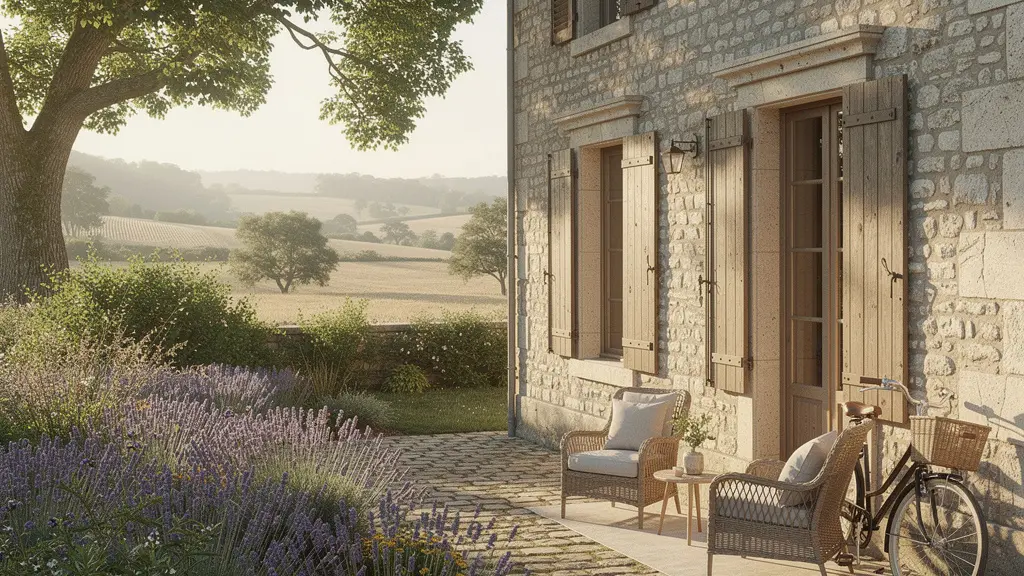 Façade en pierre d'une maison d'hôtes française avec volets en bois et jardin verdoyant