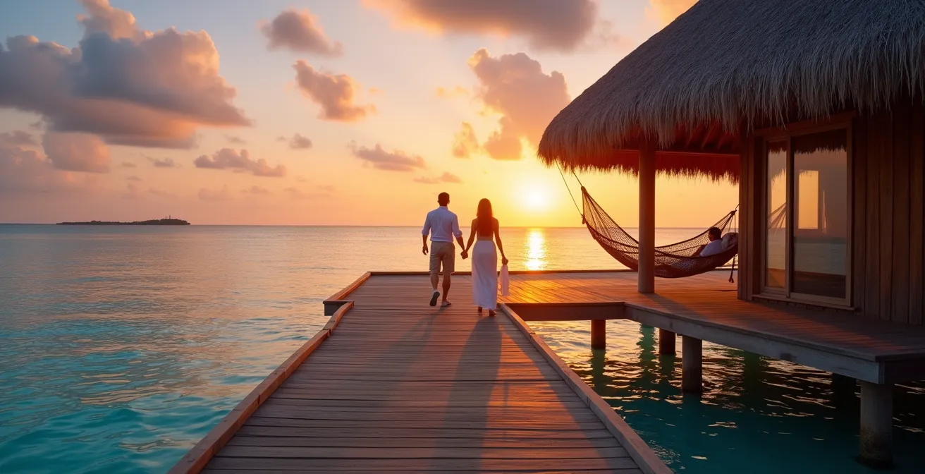 Side angle view of overwater villa at sunset showing wooden walkway and turquoise waters