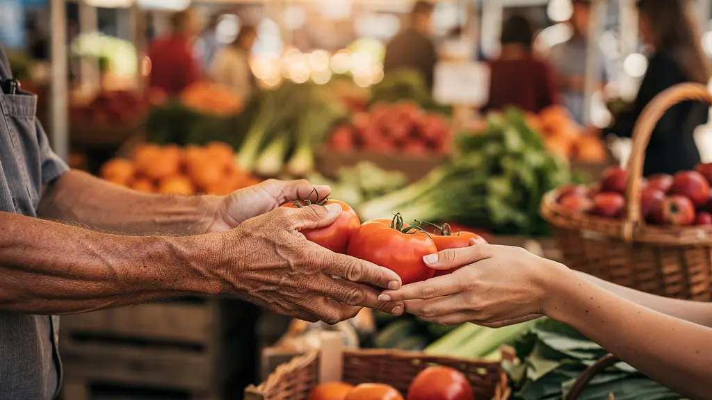 Étal de marché fermier avec producteur servant des clients