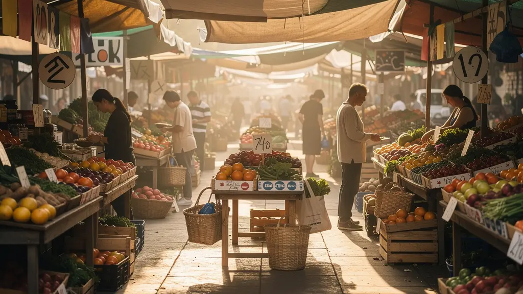 Vue grand angle d'un marché local animé avec des étals colorés de produits frais, des vendeurs et des clients échangeant dans une ambiance chaleureuse