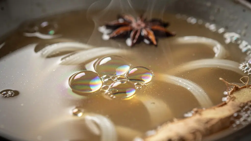 Vue macro d'une surface de bouillon phở avec des gouttelettes de gras irisées et de la vapeur s'élevant dans la lumière dorée du matin