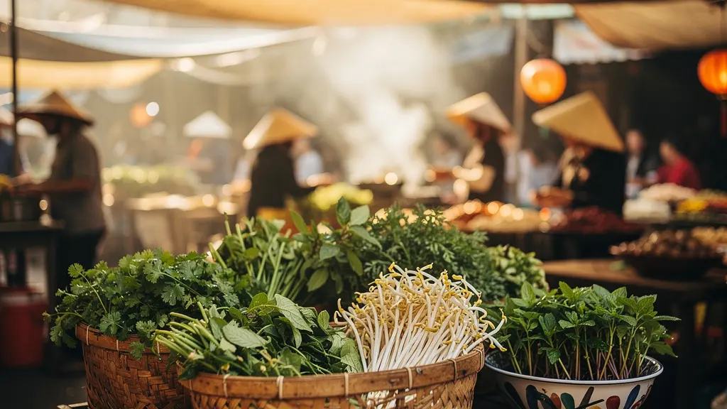 Scène de marché vietnamien animé avec des étals colorés d'herbes fraîches et d'épices, des paniers de nouilles de riz et une vapeur délicate s'élevant en arrière-plan