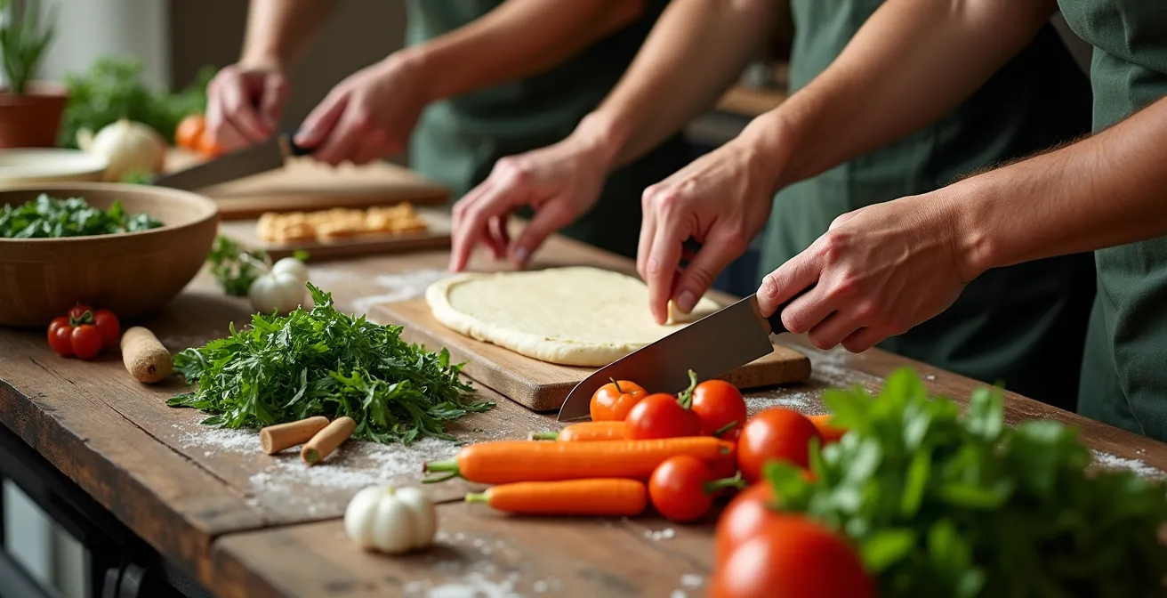 Close-up of several pairs of hands preparing fresh vegetables at a rustic cooking station.
