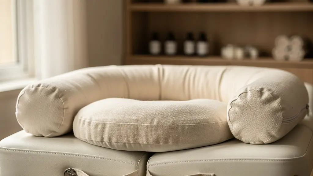 Cabine de soin spa avec table de massage spécialisée et coussins de positionnement prénatal