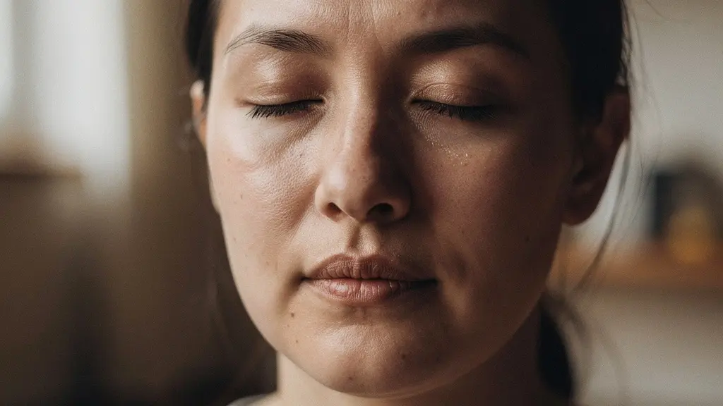 Gros plan sur un visage serein aux yeux fermés, éclairé par une lumière douce filtrant à travers une fenêtre