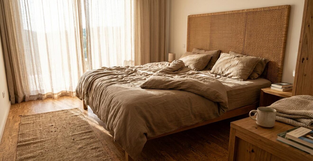 Natural materials and organic linens in boutique hotel room Melides