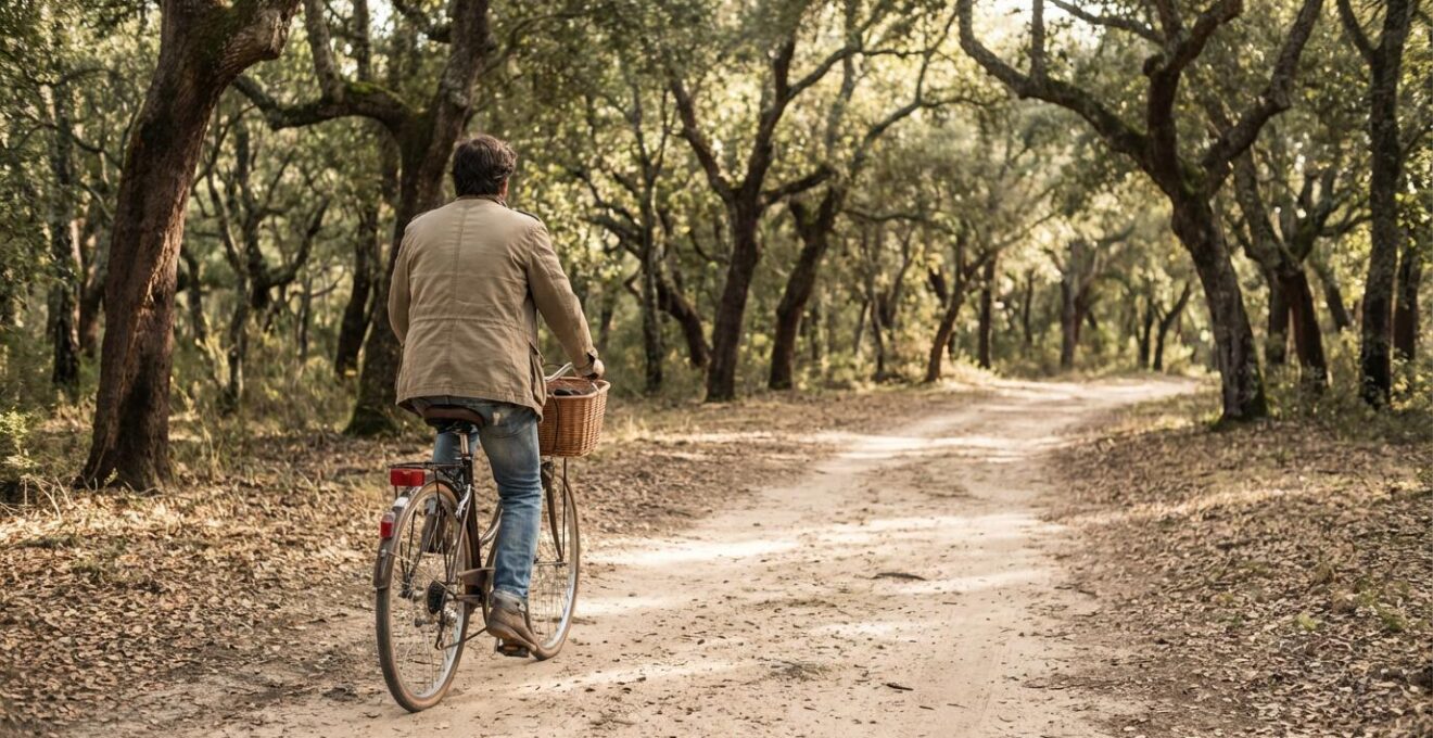 Cyclist on sandy path through cork oak forest near Melides Portugal