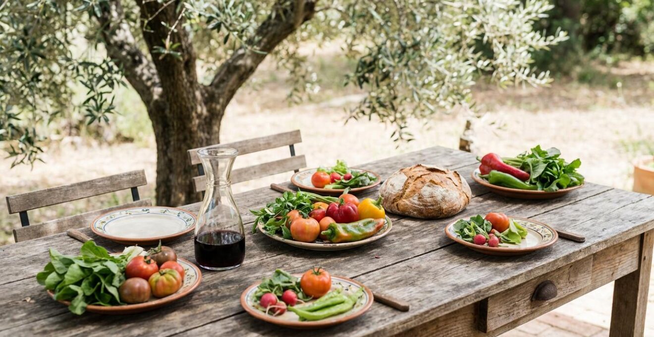 Rustic outdoor dining table with fresh vegetables and wine in Portuguese garden