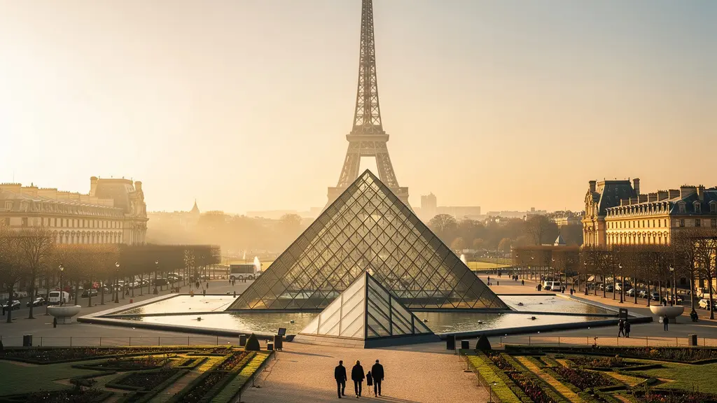 Vue panoramique de la Tour Eiffel et du Louvre avec visiteurs fluides au petit matin