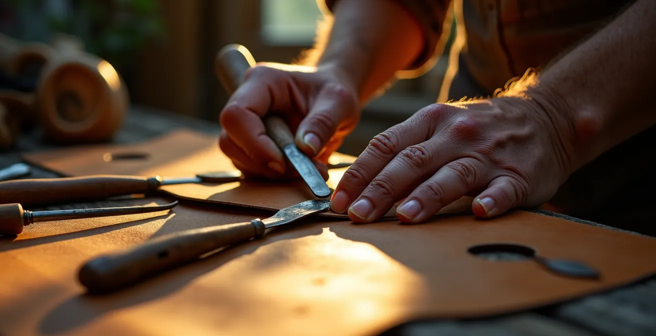 Close-up of weathered hands crafting traditional Moroccan leather goods with tools