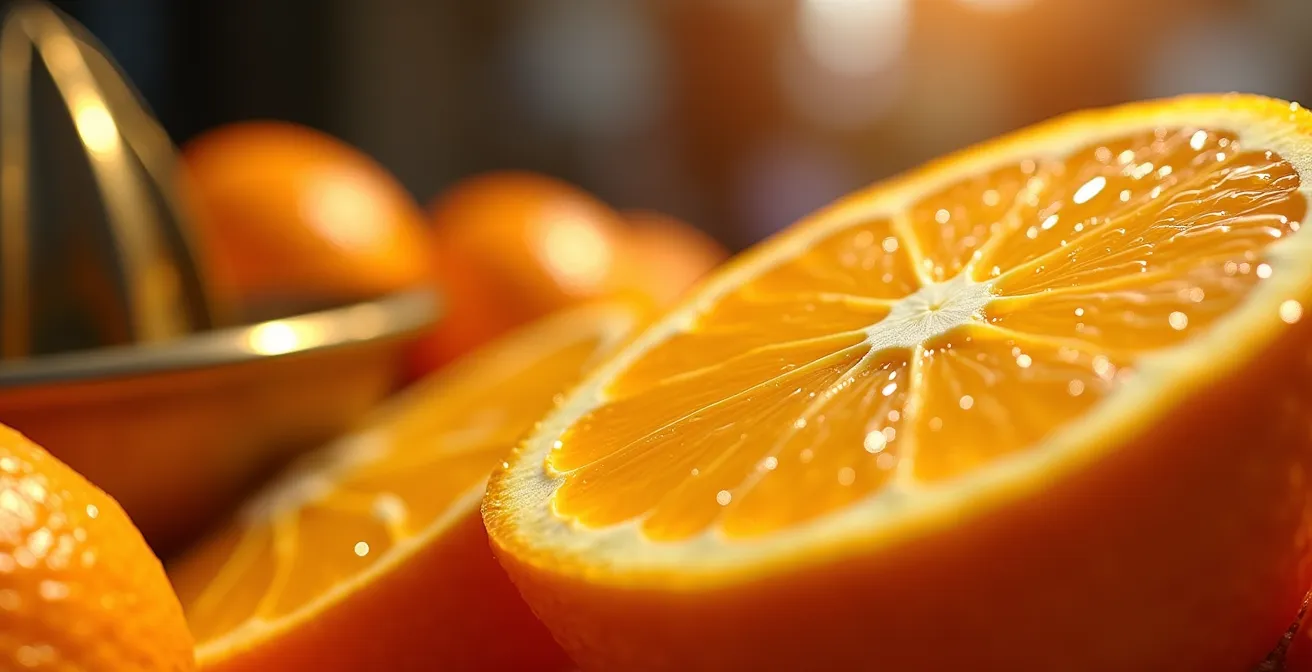 Traditional orange juice vendor with stacked fresh oranges and a traditional brass juicer in Marrakech medina