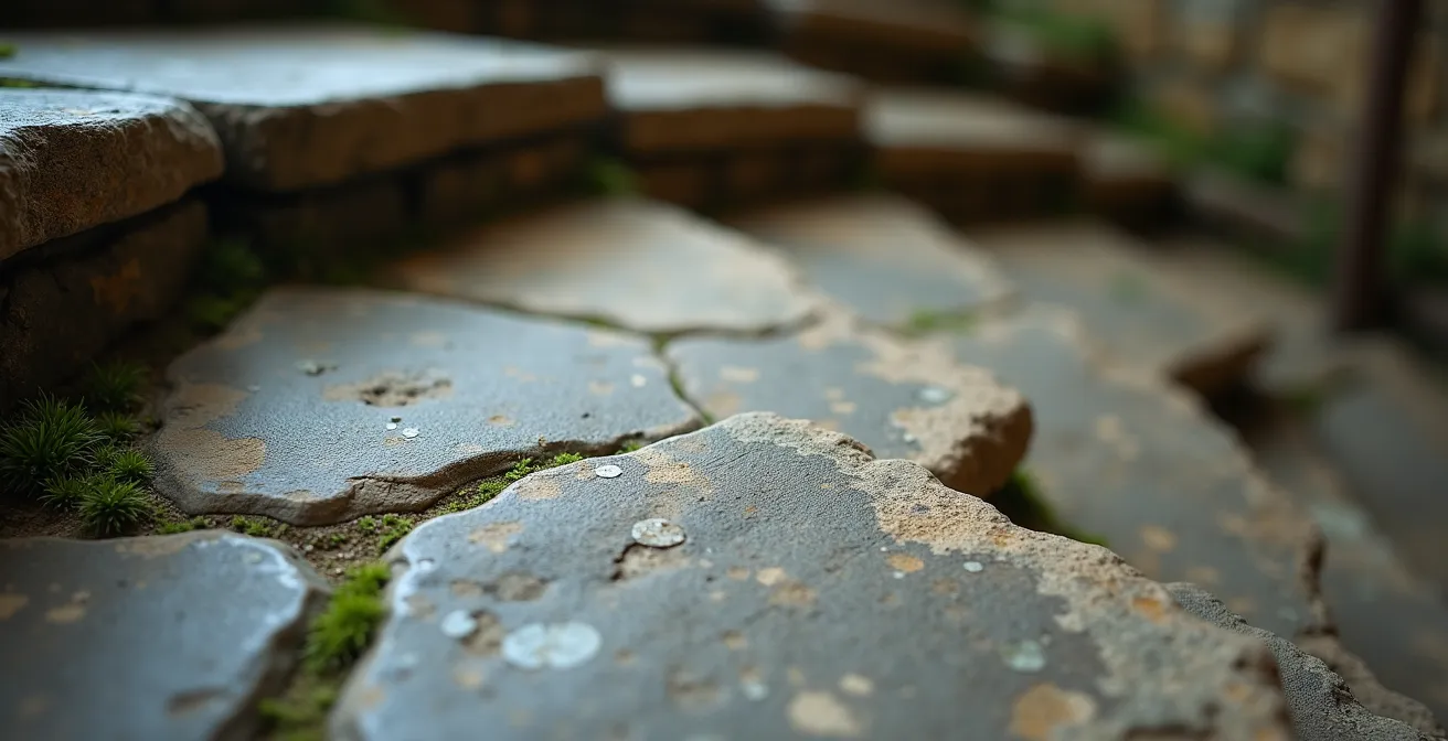 Tight spiral stone staircase in a historic English property showing worn steps and narrow passage
